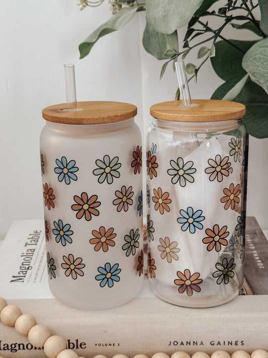 Cozy Fall Daisies 16oz Glass Can Cup