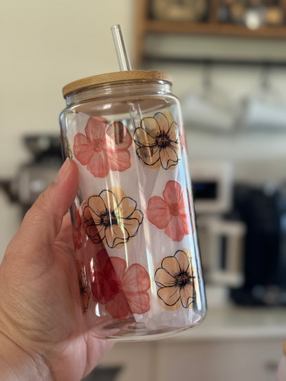 Autumn Flowers 16oz Glass Can Cup