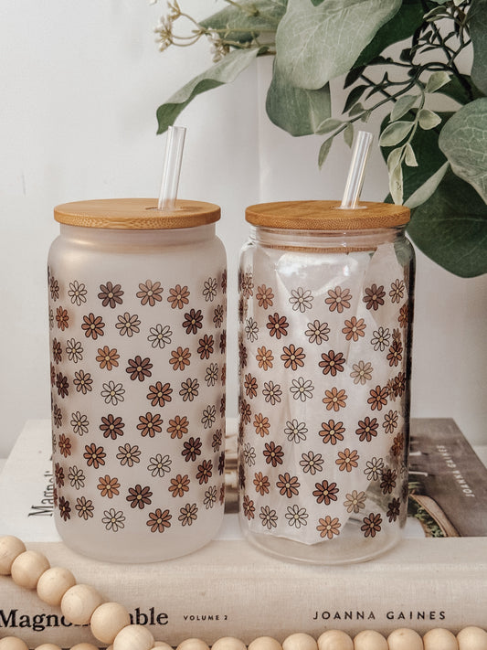 Mini Fall Daisies 16oz Glass Can Cup