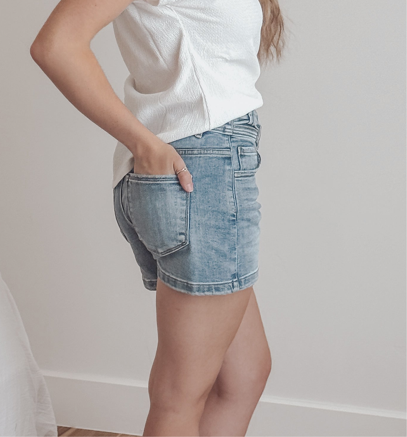 Risen Tummy Control High Rise Bow Detailed Shorts - Medium Wash