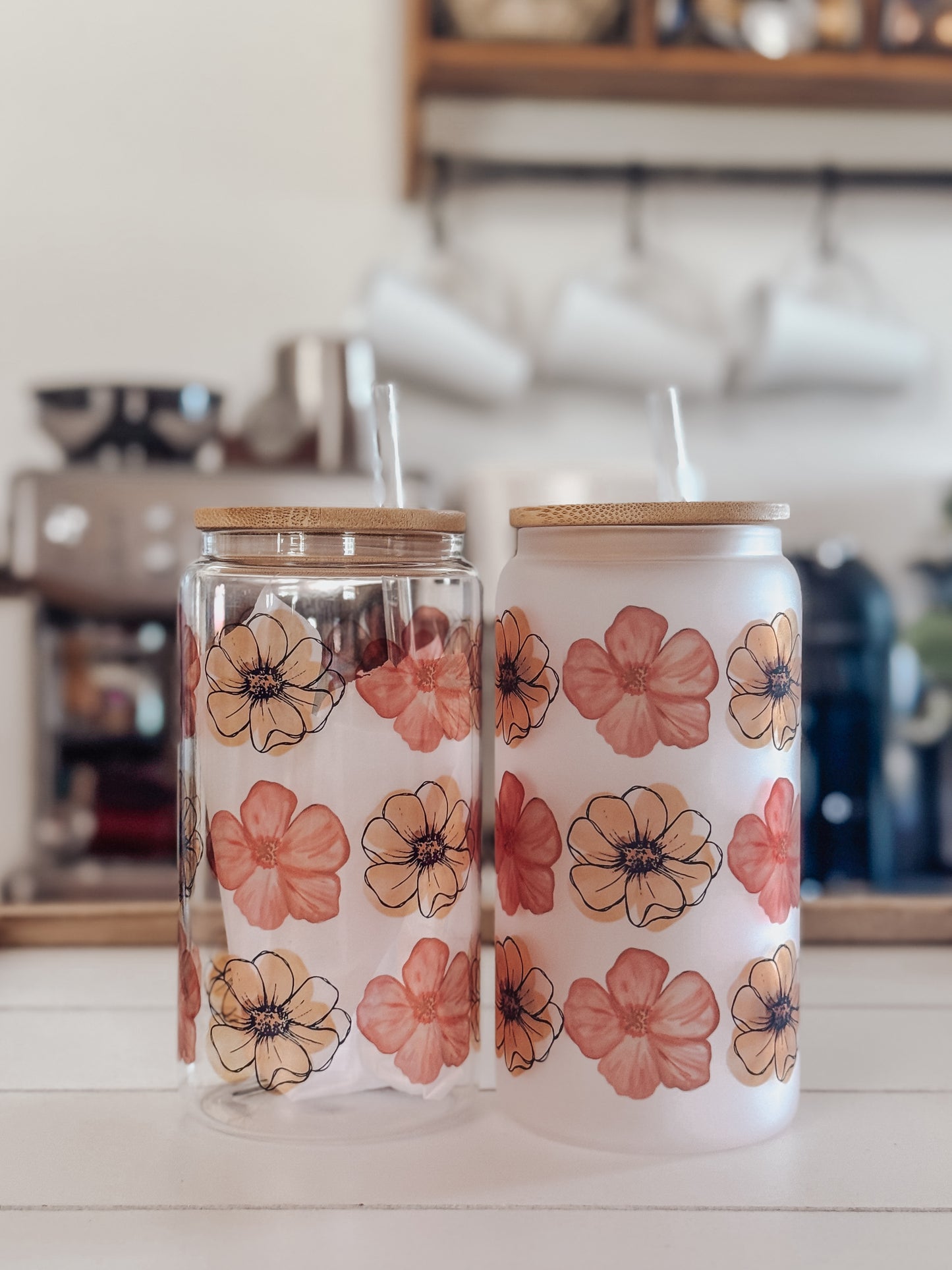 Autumn Flowers 16oz Glass Can Cup