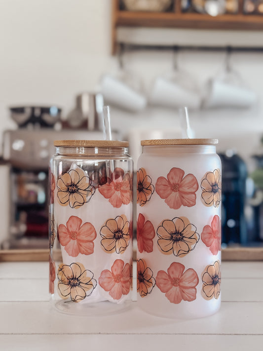 Autumn Flowers 16oz Glass Can Cup