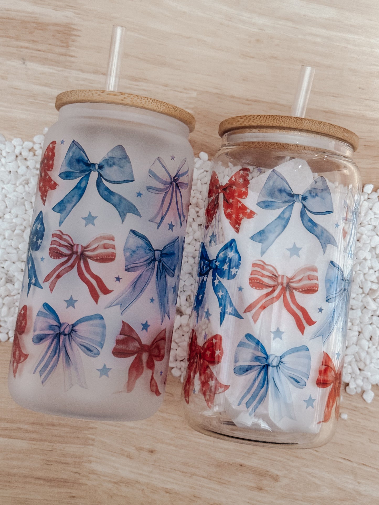 Patriotic Bows 16oz Glass Can Cup