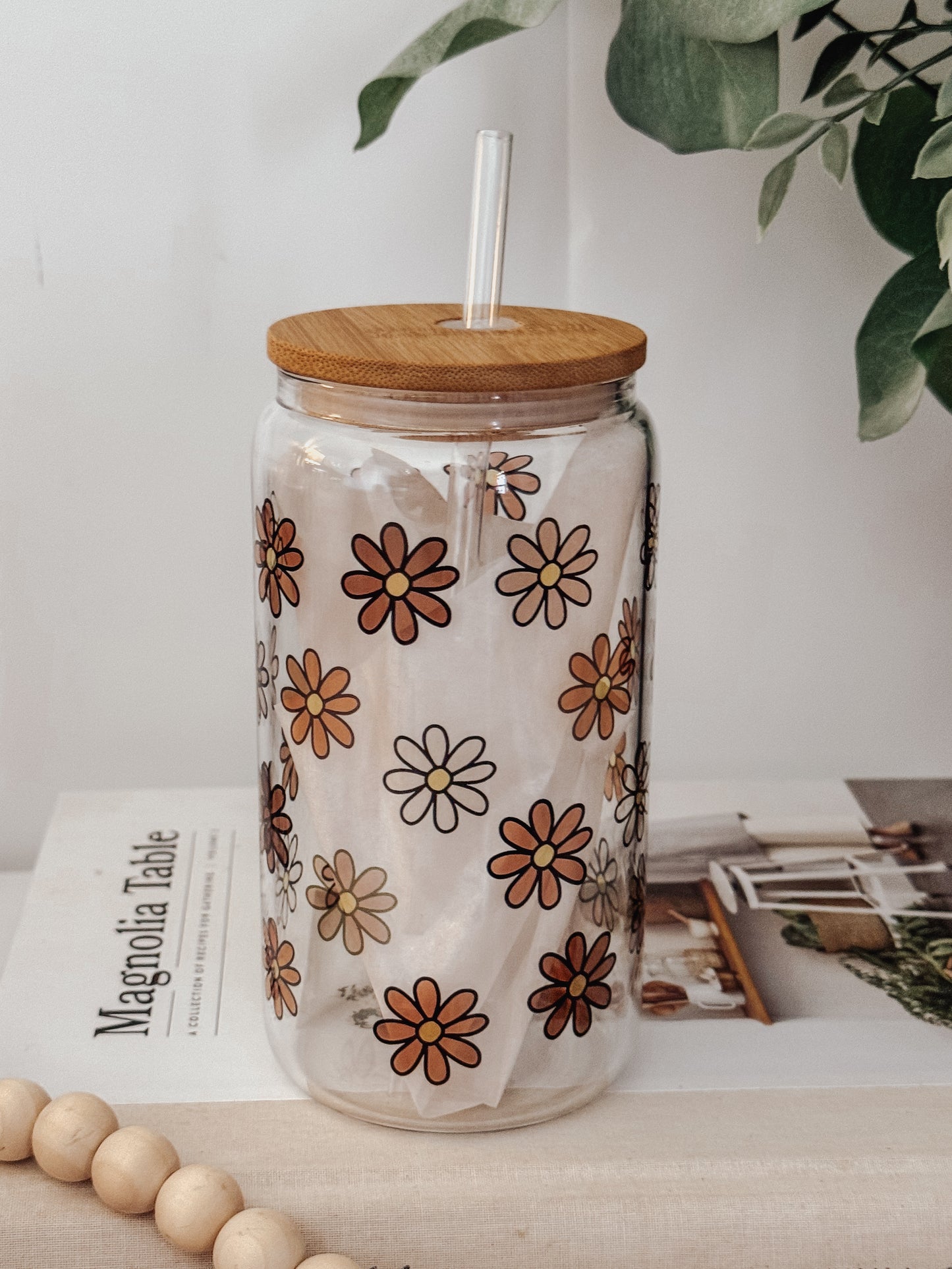 Fall Daisies 16oz Glass Can Cup