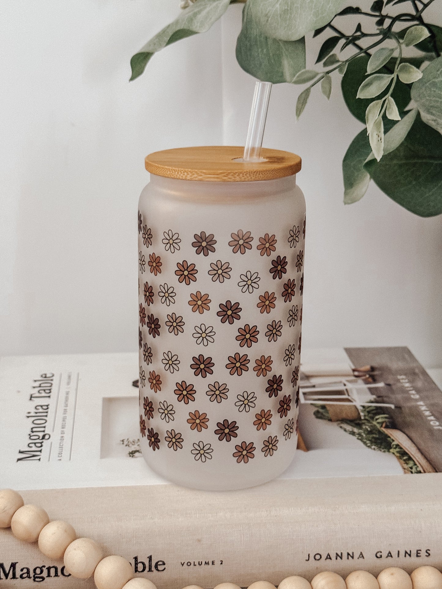 Mini Fall Daisies 16oz Glass Can Cup