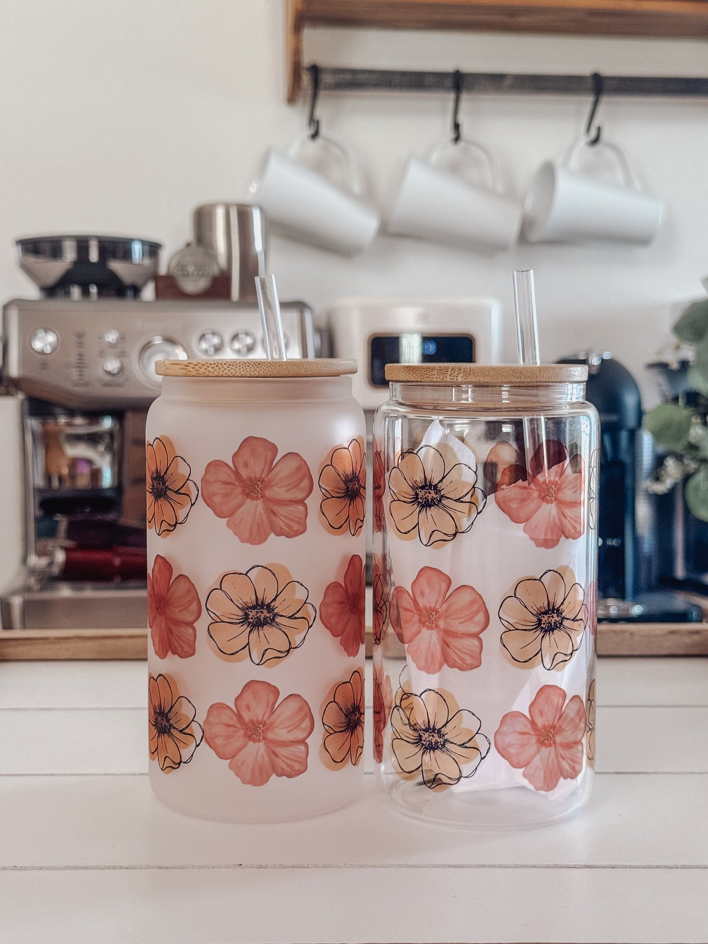 Autumn Flowers 16oz Glass Can Cup