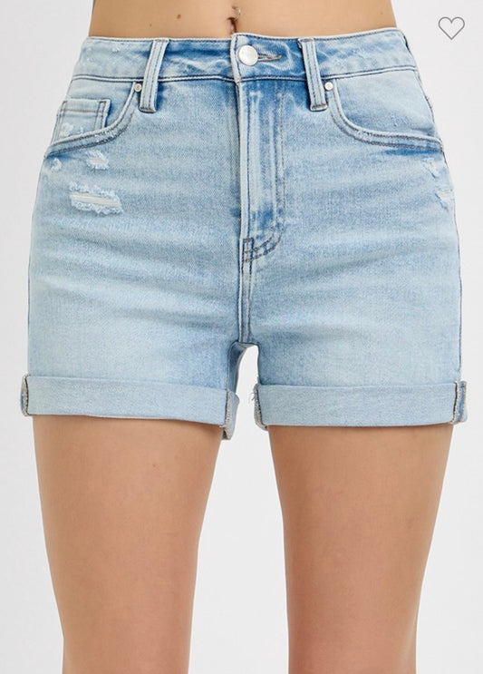 Risen High Rise Rolled Up Shorts – Light Wash