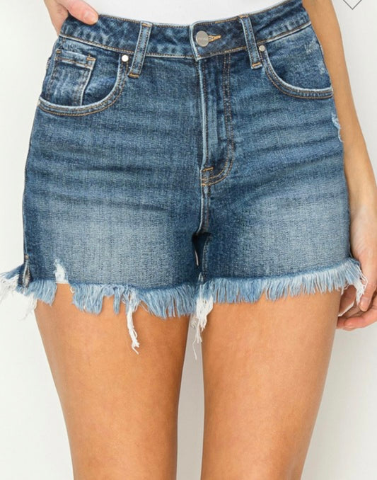 Risen High Rise Side Slit Shorts – Dark Wash