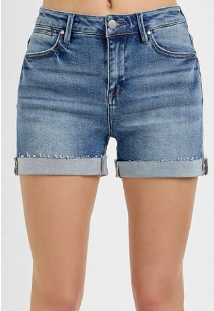 Risen High Rise Turn Up Cuffed Shorts - Medium Wash