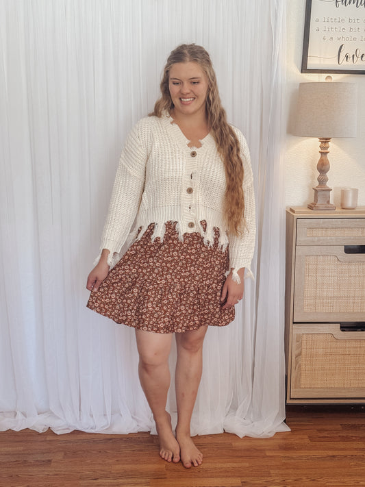 Frayed Hem Button Cardigan – Ivory