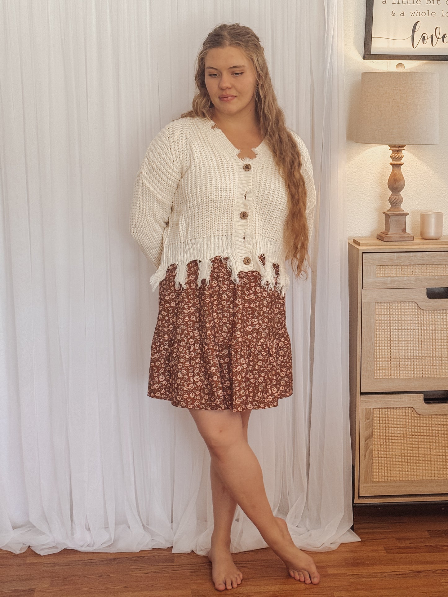 Frayed Hem Button Cardigan – Ivory