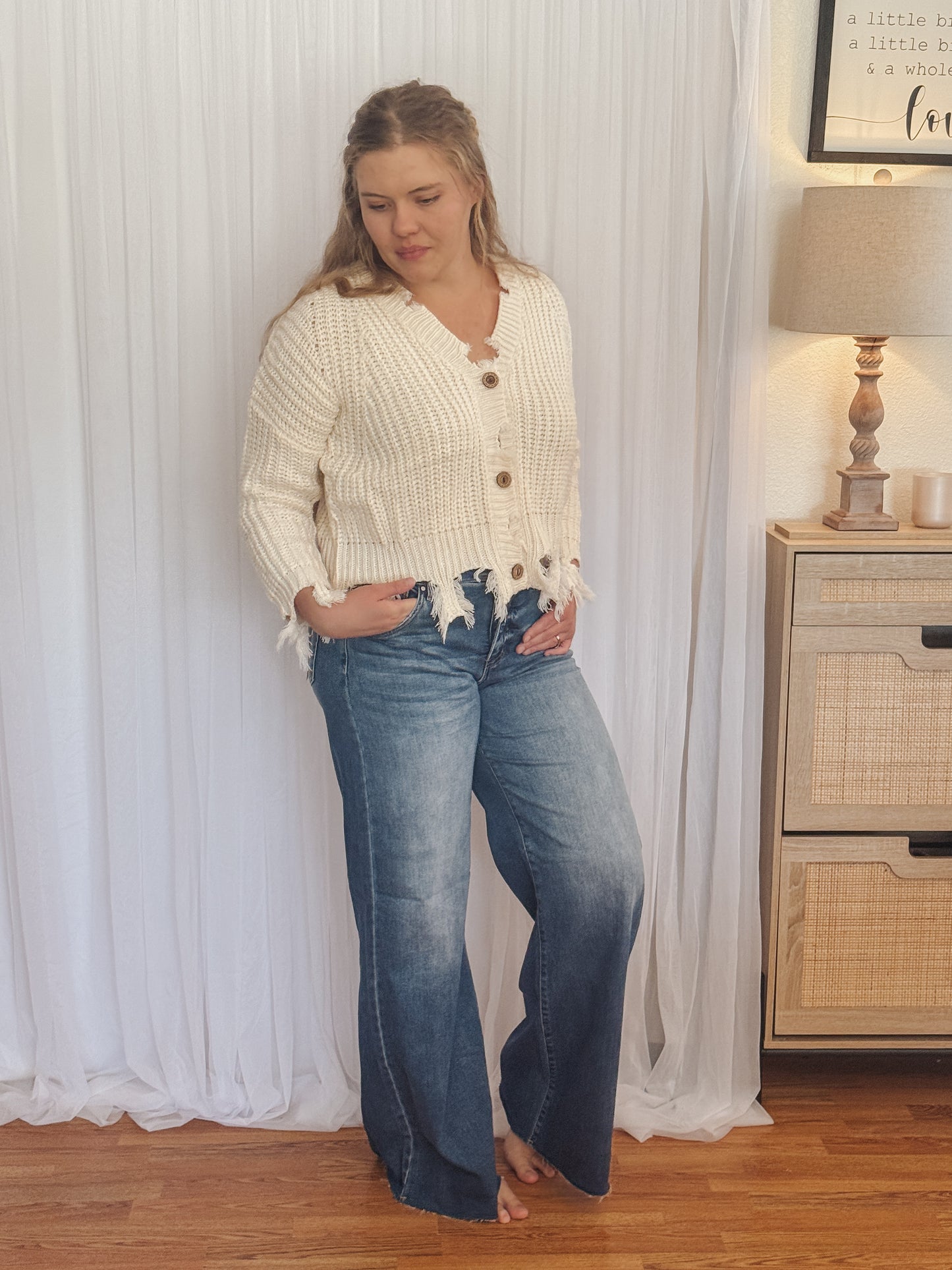 Frayed Hem Button Cardigan – Ivory
