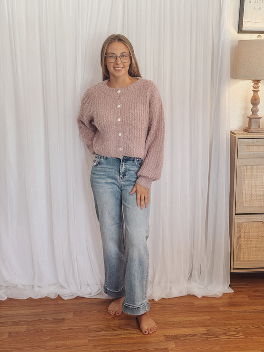 Fluffy Knit Button-Up Cardigan Sweater