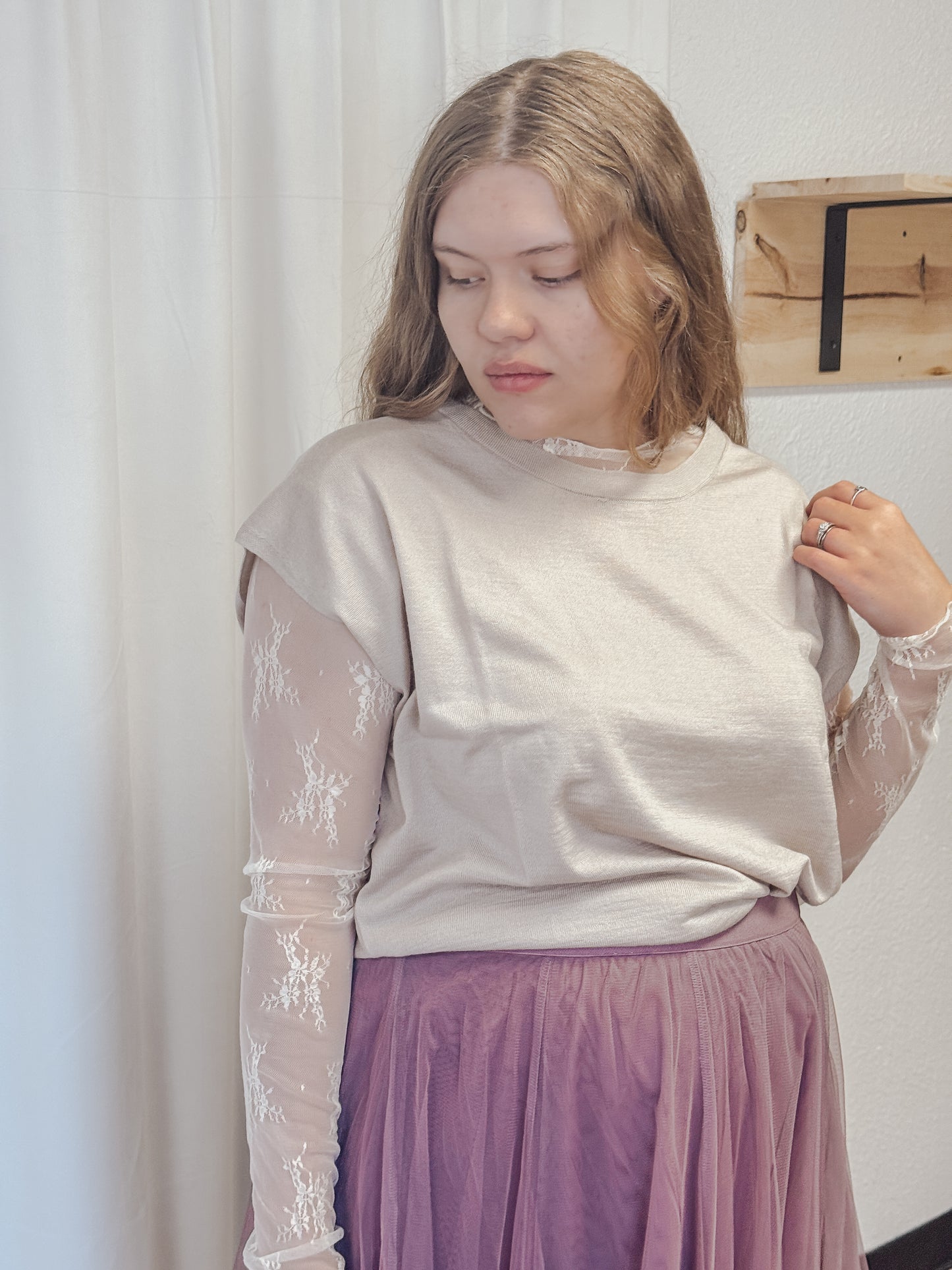 Long Sleeve Floral Lace Top Taupe