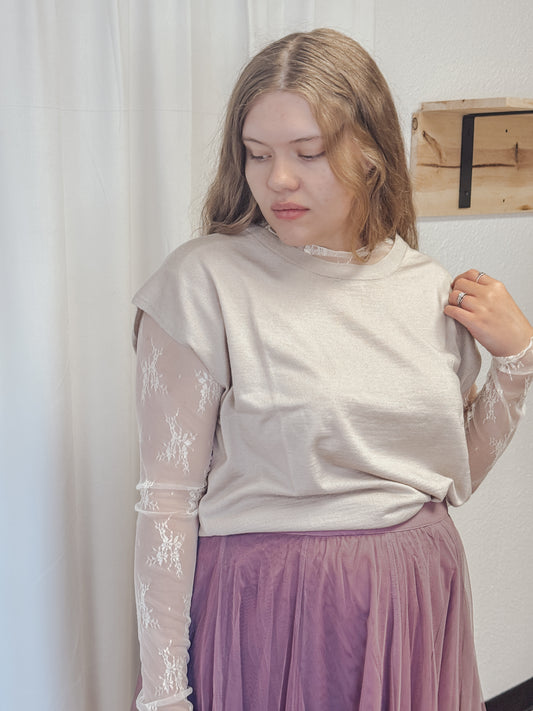 Long Sleeve Floral Lace Top Taupe