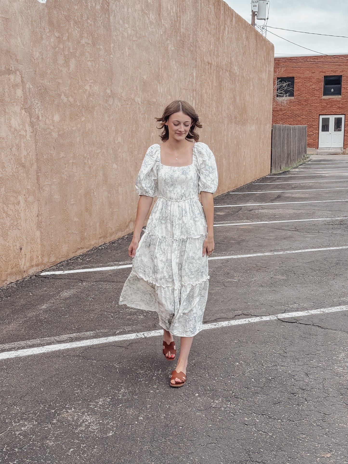 Hattie Puff Blue Vintage Print Tiered Maxi Dress
