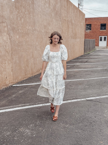Hattie Puff Blue Vintage Print Tiered Maxi Dress