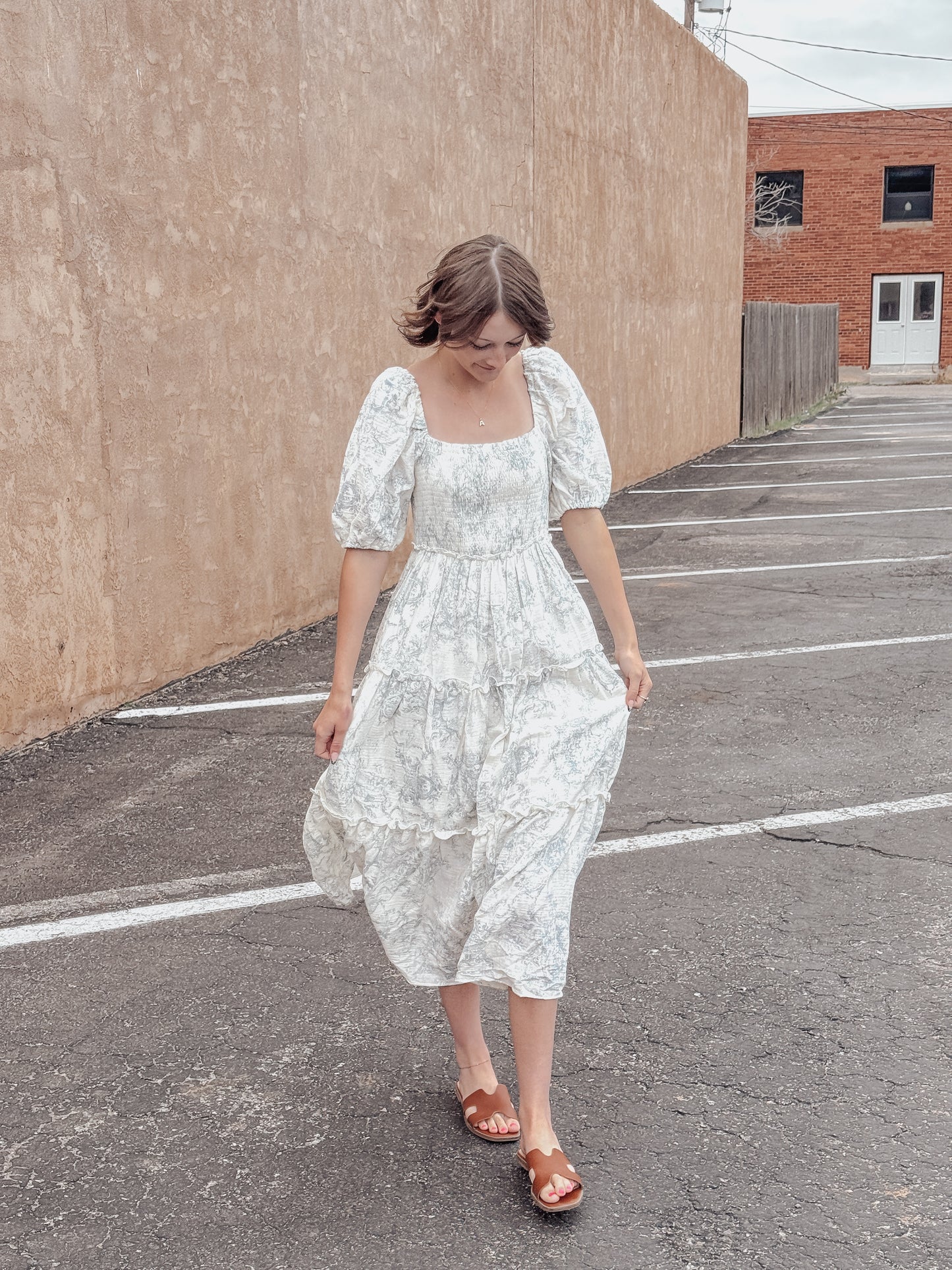 Hattie Puff Blue Vintage Print Tiered Maxi Dress