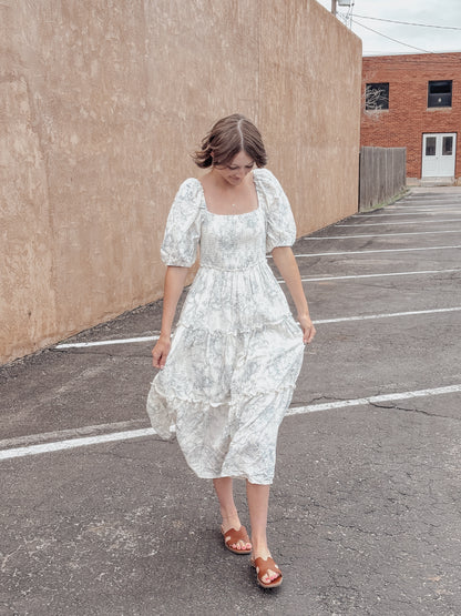 Hattie Puff Blue Vintage Print Tiered Maxi Dress