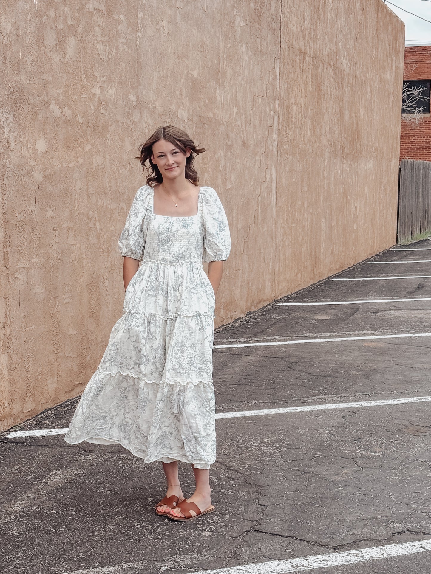 Hattie Puff Blue Vintage Print Tiered Maxi Dress