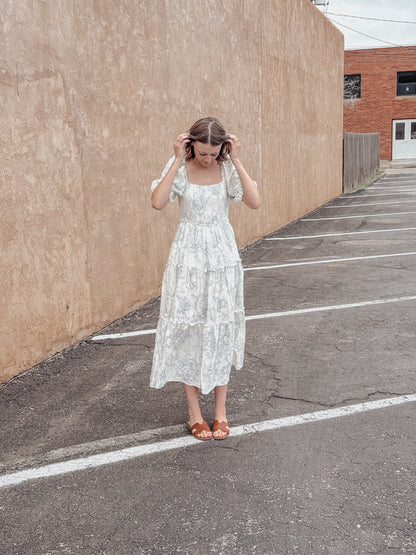Hattie Puff Blue Vintage Print Tiered Maxi Dress