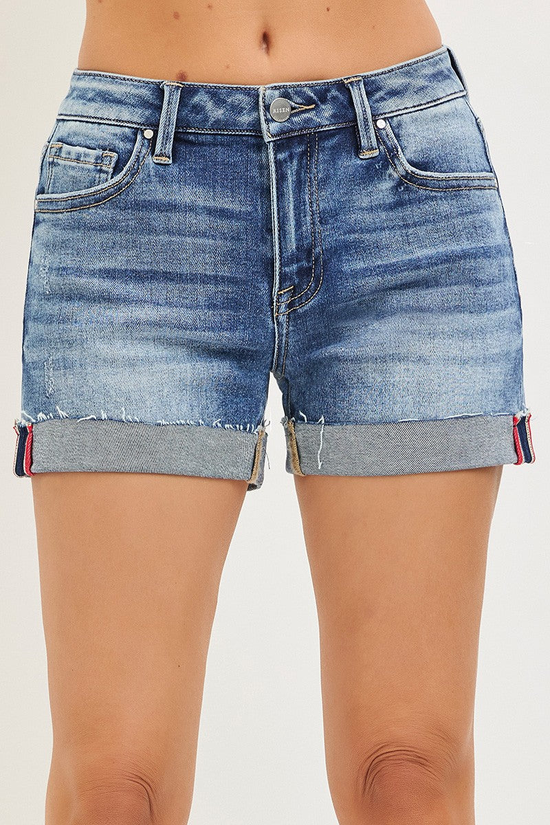 Risen Mid Rise Turn Up Cuffed Shorts - Medium Wash
