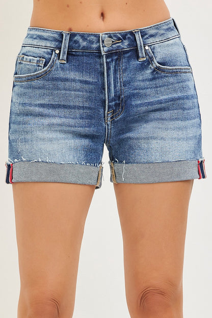 Risen Mid Rise Turn Up Cuffed Shorts - Medium Wash