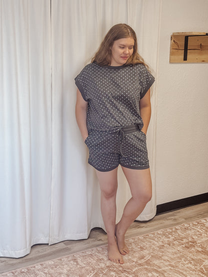 Polka Dot Short Sleeve Top and Shorts Set Black