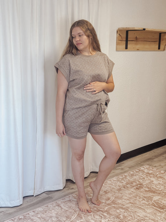 Polka Dot Short Sleeve Top and Shorts Set Taupe