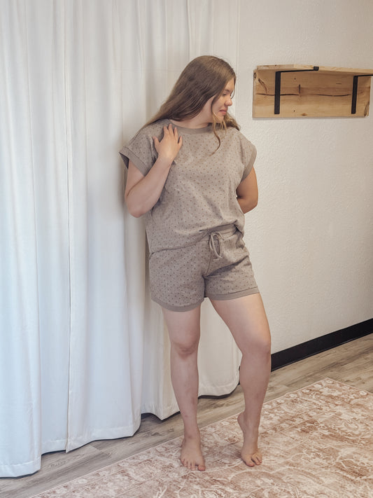 Polka Dot Short Sleeve Top and Shorts Set Taupe