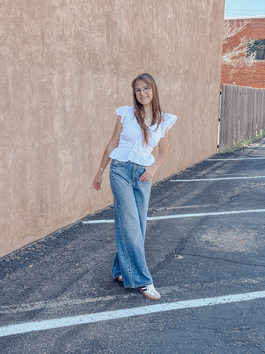 High Rise Wide Leg Jeans with Rhinestones