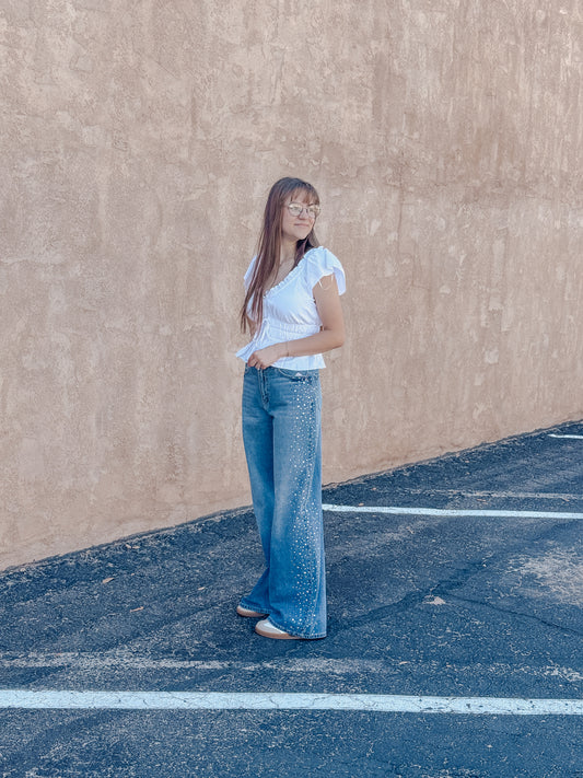 High Rise Wide Leg Jeans with Rhinestones