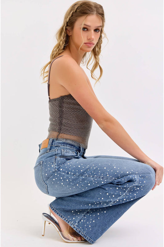 High Rise Wide Leg Jeans with Rhinestones