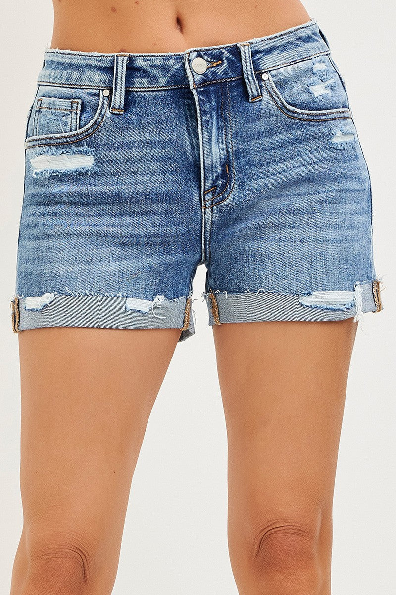 Risen Mid Rise Turn Up Cuffed Distressed Shorts - Medium Wash
