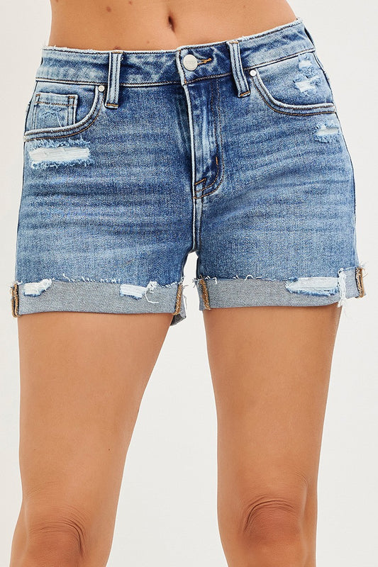 Risen Mid Rise Turn Up Cuffed Distressed Shorts - Medium Wash