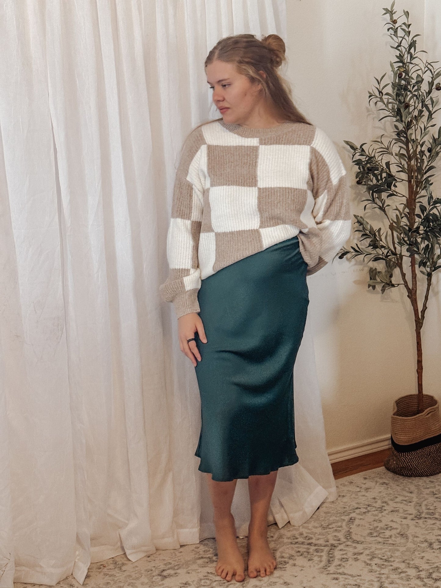 Satin Midi Skirt in Emerald Green