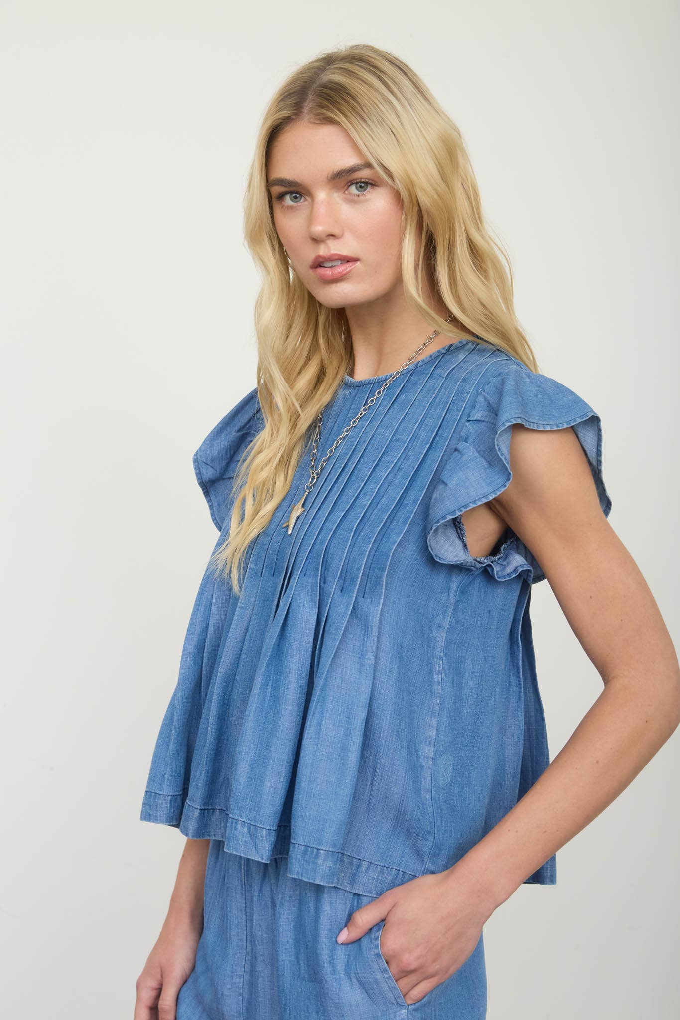 Blue Skies Pleated Denim Top