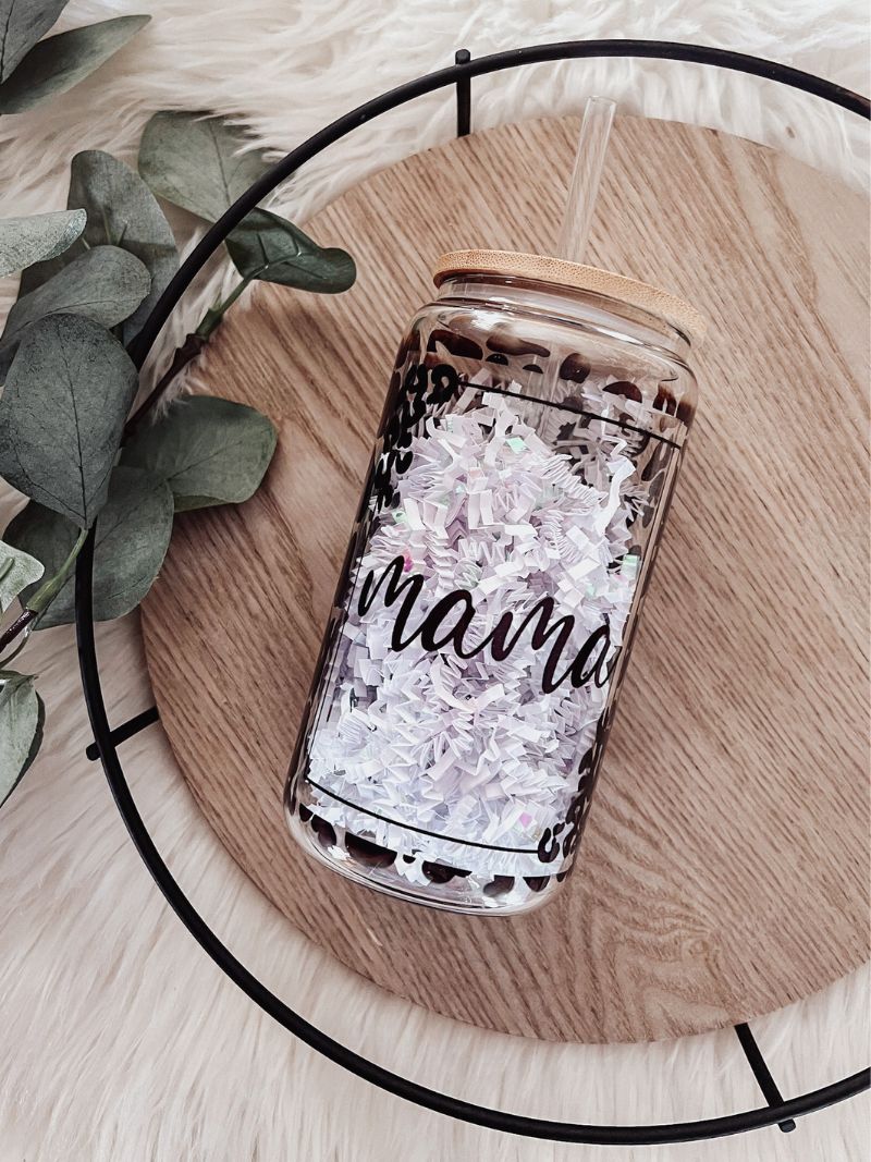 Animal Print Mama 16oz Glass Can Cup - Emma K Designs