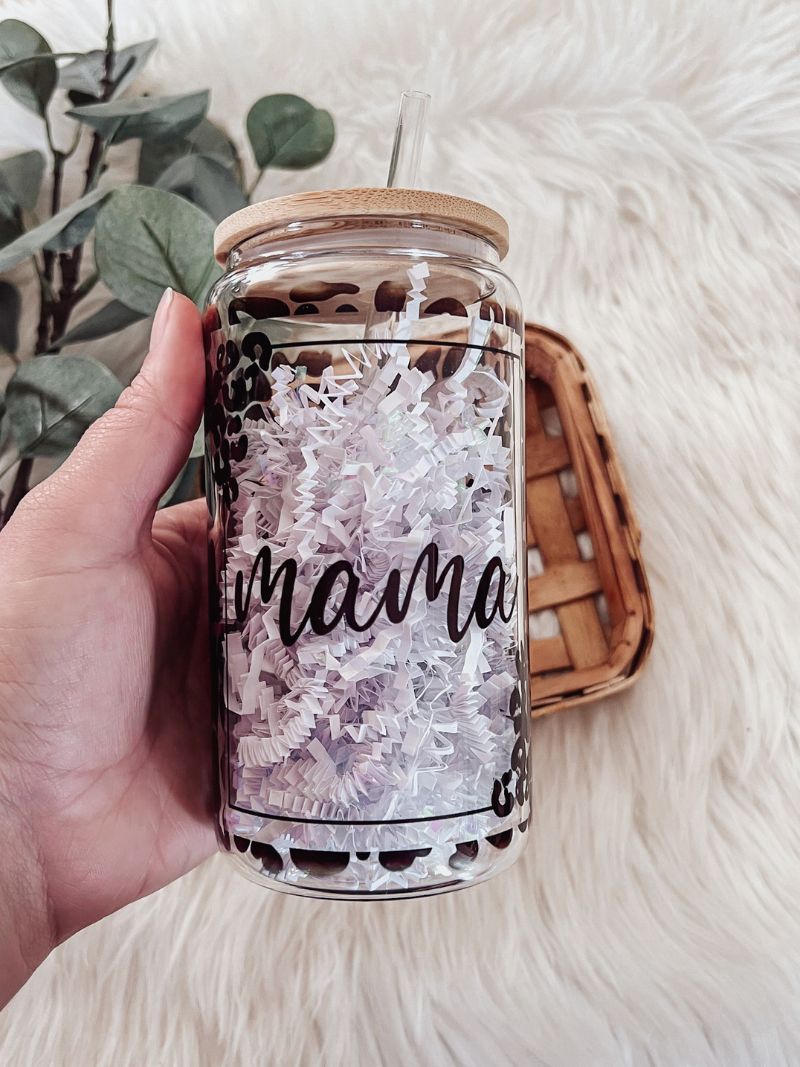 Animal Print Mama 16oz Glass Can Cup - Emma K Designs