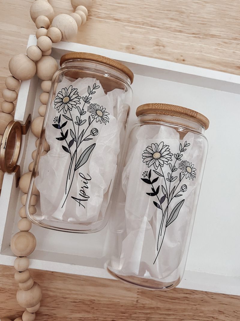 Birth Month Flower 16oz Glass Can Cup - Emma K Designs