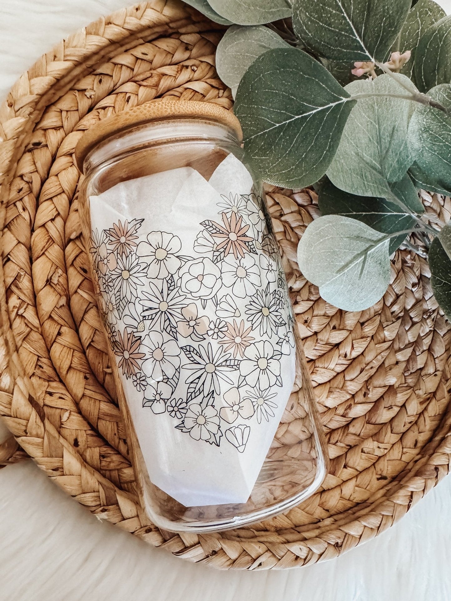 Boho Floral Heart 16oz Glass Can Cup - Emma K Designs