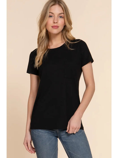 Short Sleeve Round Neck with Pocket Slub Knit Tee Black