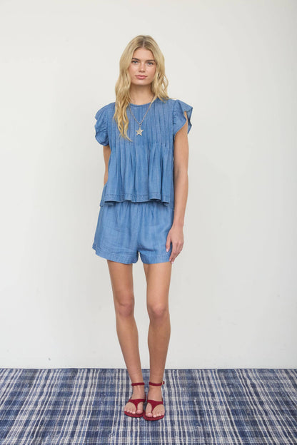 Blue Skies Pleated Denim Top