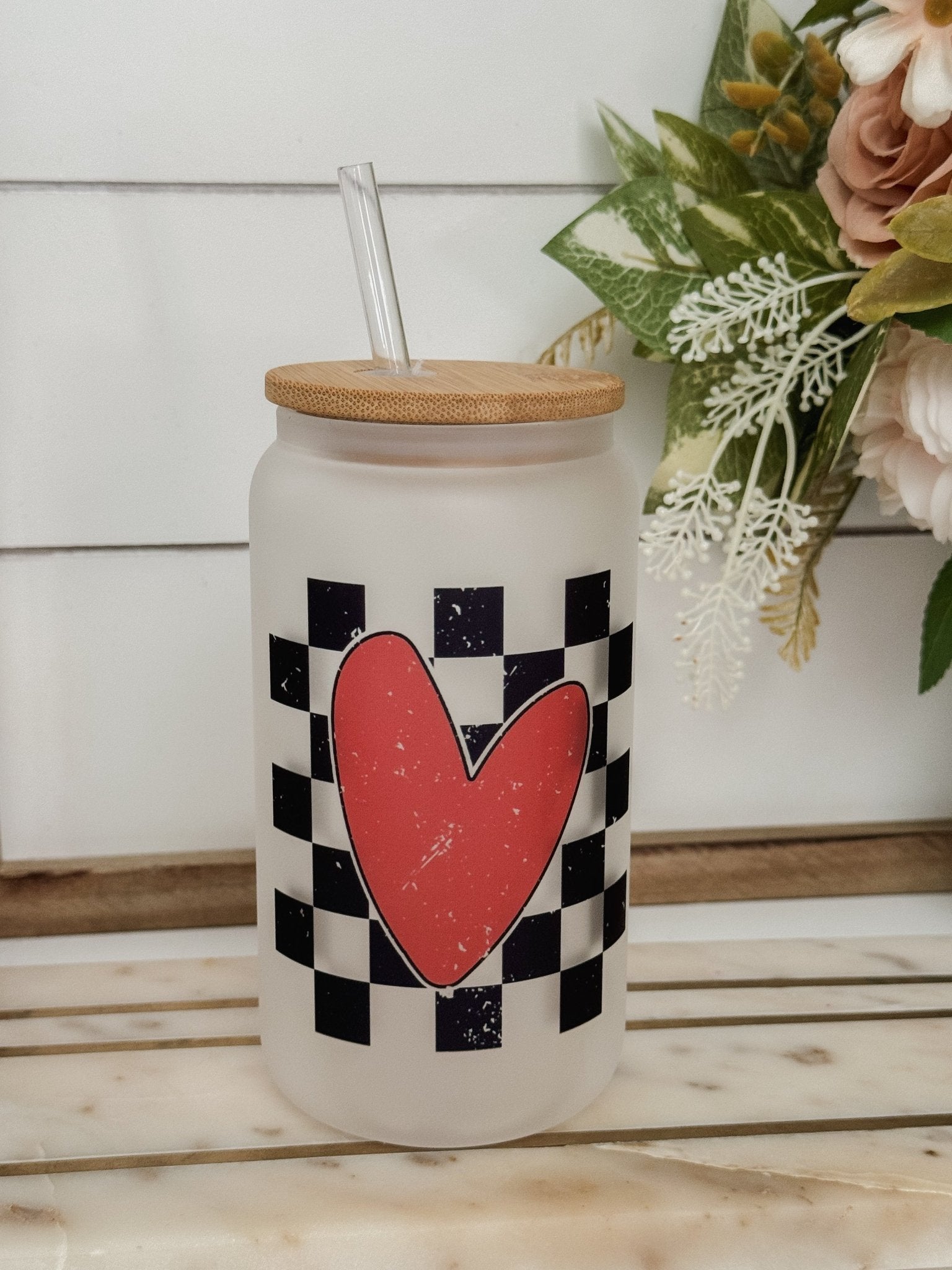 Checkered Heart 16oz Glass Can Cup - Emma K Designs