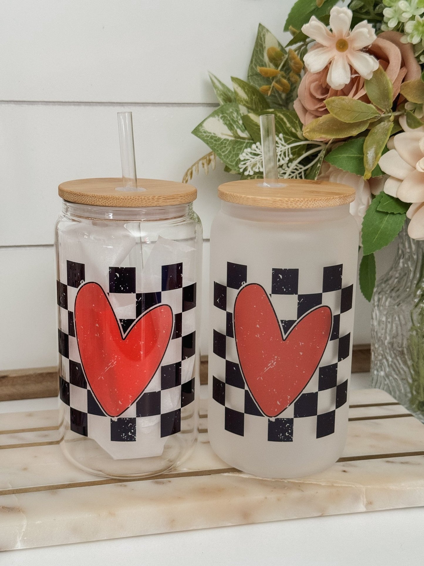 Checkered Heart 16oz Glass Can Cup - Emma K Designs