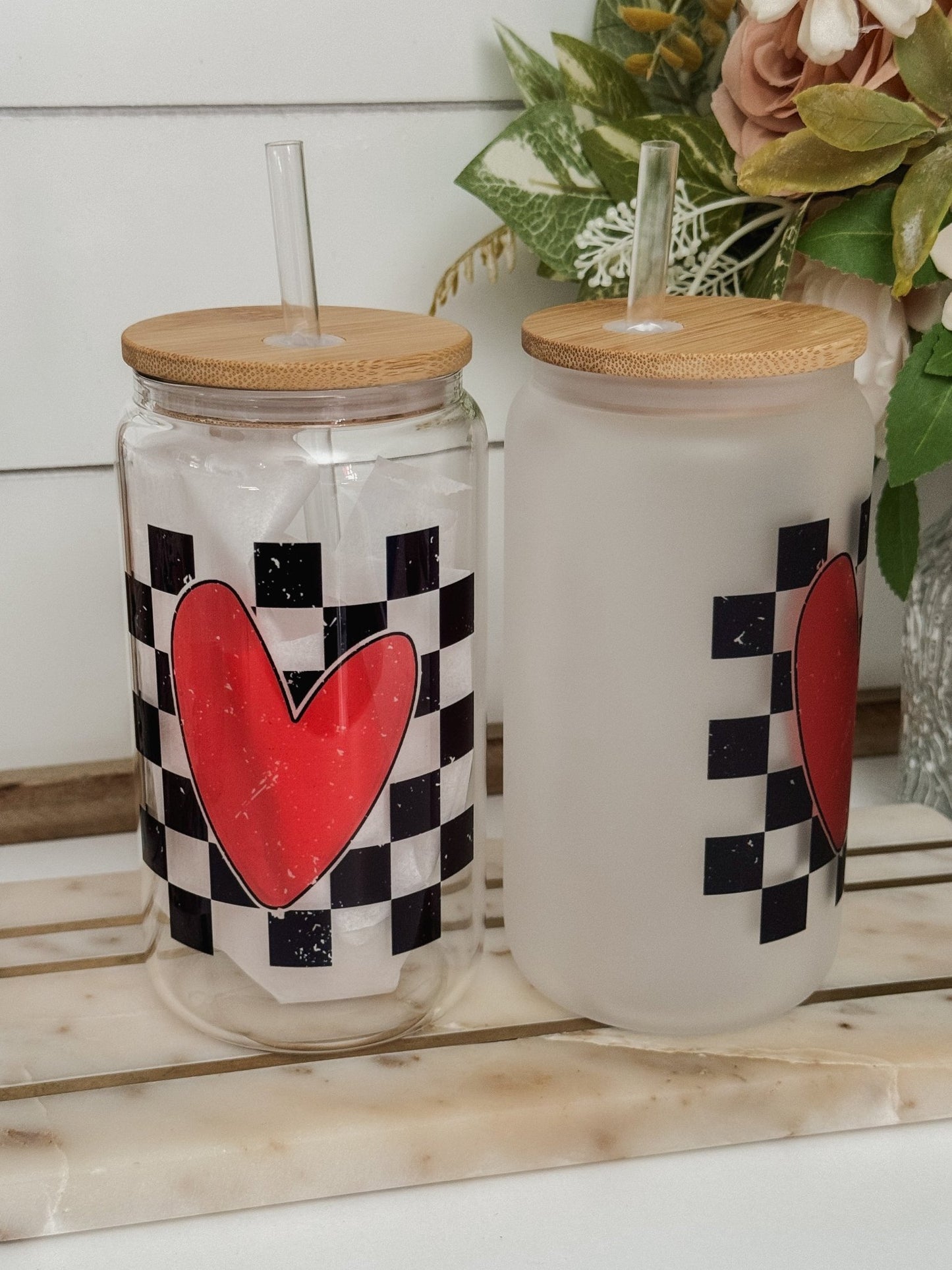 Checkered Heart 16oz Glass Can Cup - Emma K Designs