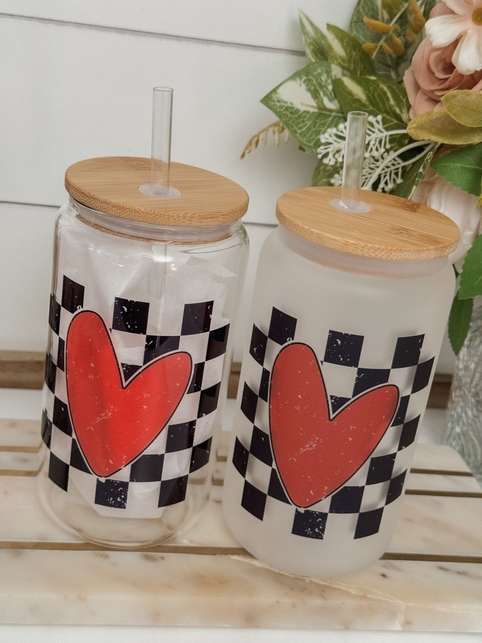 Checkered Heart 16oz Glass Can Cup - Emma K Designs