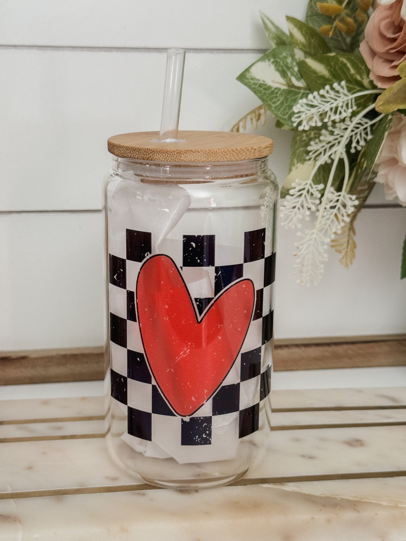 Checkered Heart 16oz Glass Can Cup - Emma K Designs