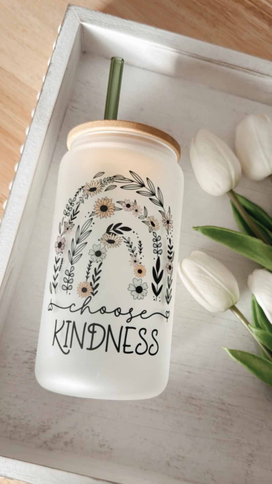 Choose Kindness Floral Rainbow 16oz Glass Can Cup - Emma K Designs