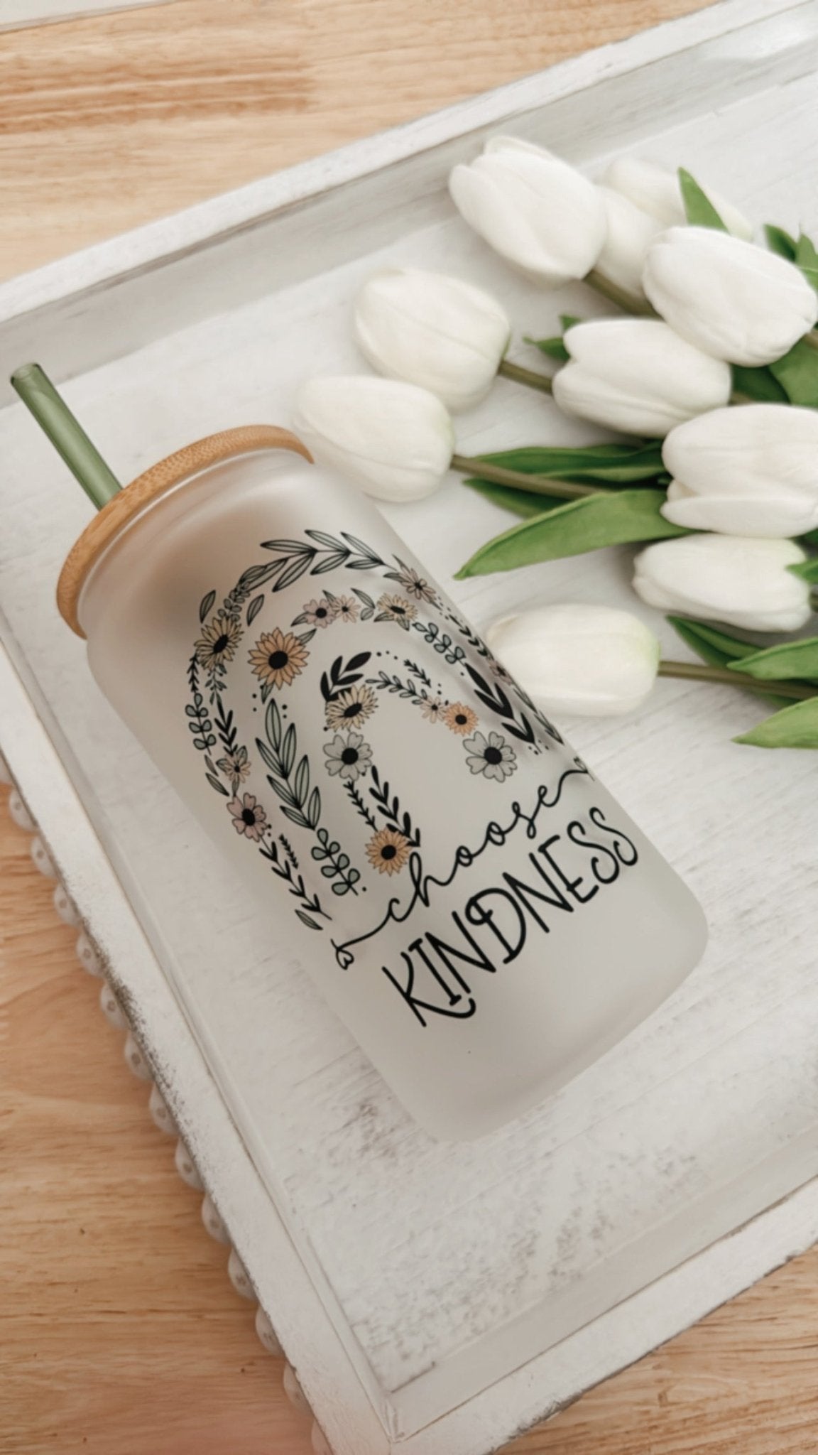 Choose Kindness Floral Rainbow 16oz Glass Can Cup - Emma K Designs